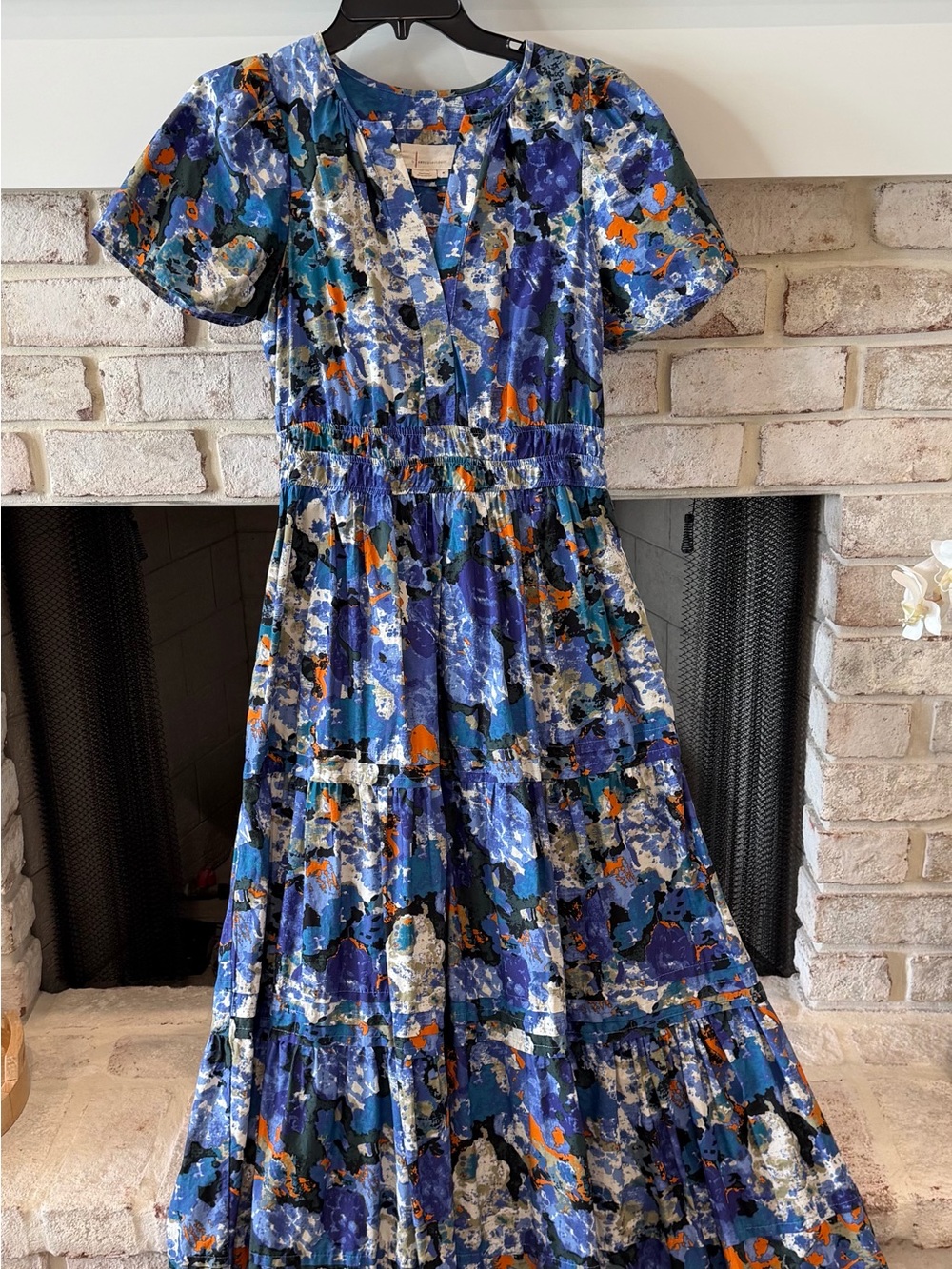 Anthropologie Blue Floral Maxi Dress with Orange Accents